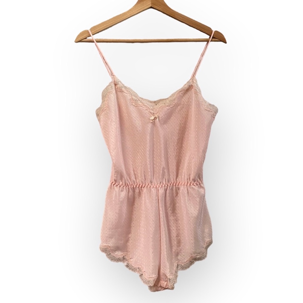 Vintage Silky Lingerie Teddy Romper | Lace Trimmed | Delicate Pink | Romantic
